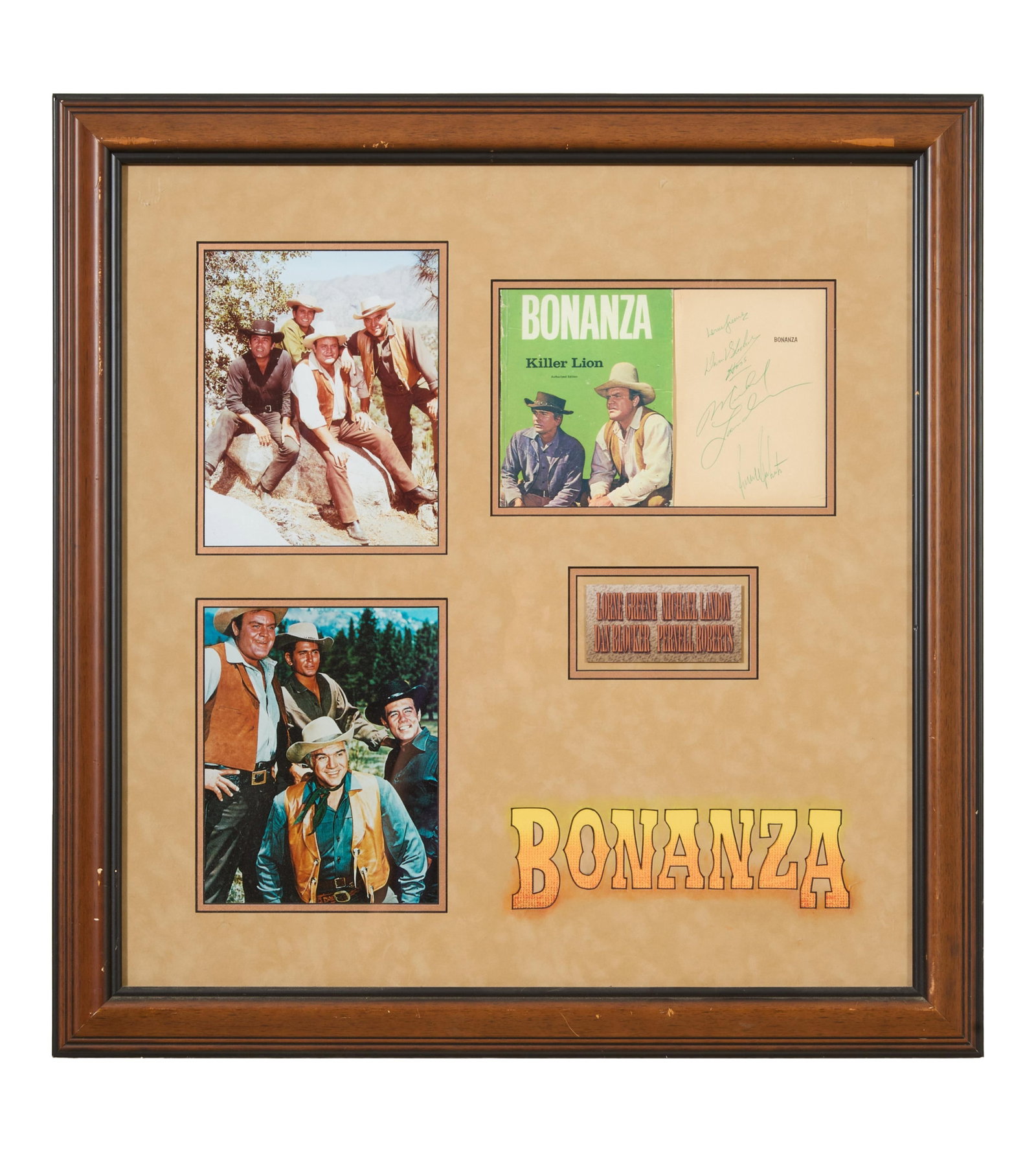 Western Autographed Memorabilia from Bonanza "The Lion Killer," Overall- H.- 31 in., W.- 30 in.: Western Autographed Memorabilia from Bonanza "The Lion Killer," with 1966 book cover and signed title page by the four main actors in the Bonanza Western TV series (1959-1973) after which the book was