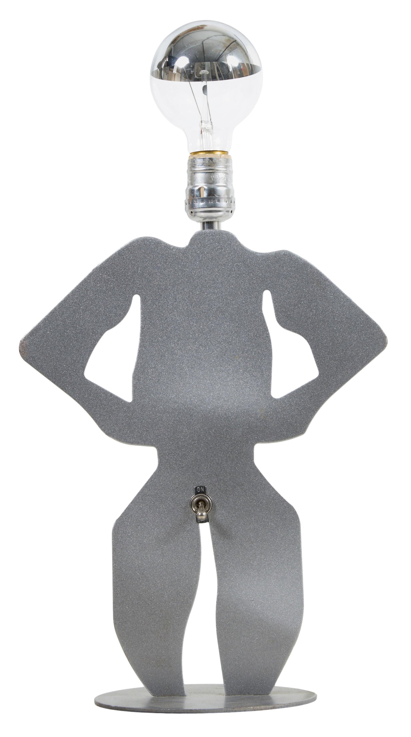 Unusual Post-Modernist Steel Table Lamp, c. 1980s, H.- 15 in., W.- 10 in., D.- 6 in.: Unusual Post-Modernist Steel Table Lamp, c. 1980s, in the shape of a male nude, with a strategically placed on-off switch, on an integral circular base, H.- 15 in., W.- 10 in., D.- 6 in.