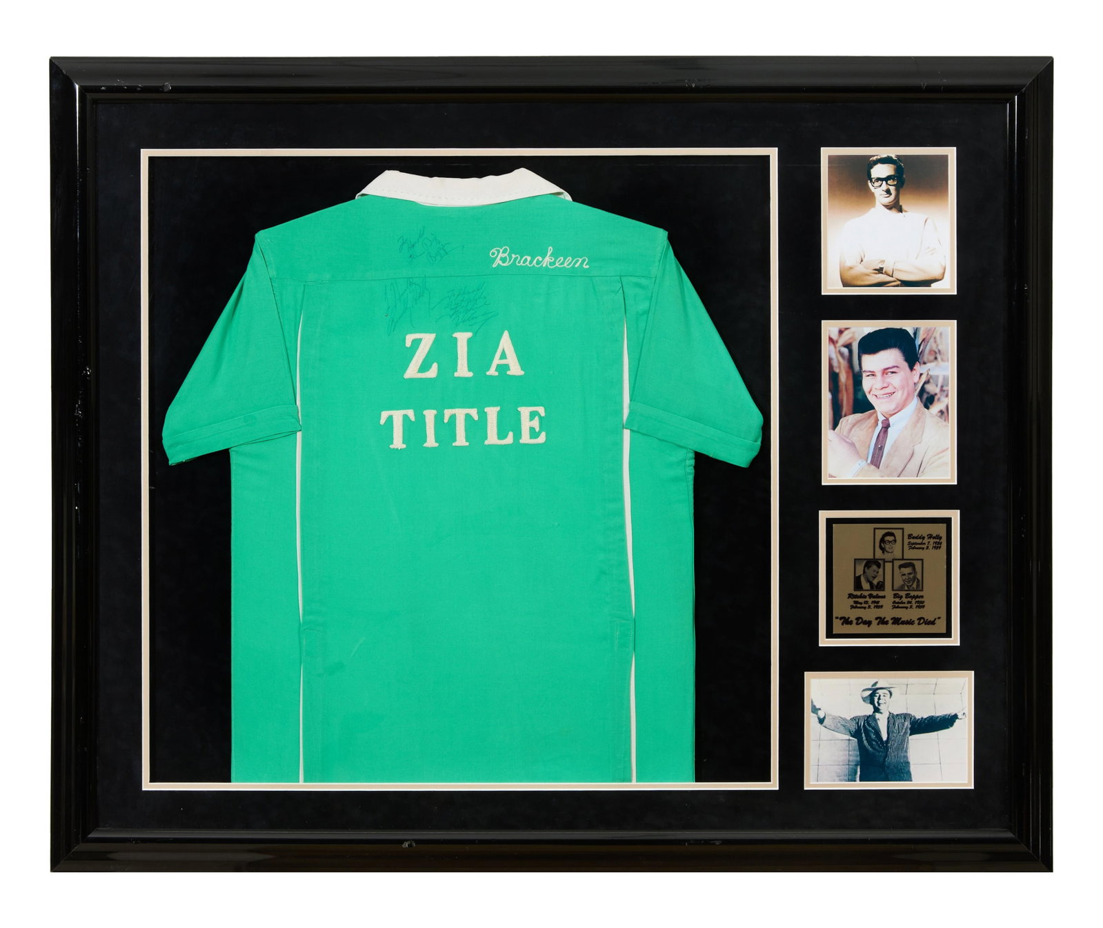 Buddy Holly and the Winter Dance Party "The Day the Music Died" Autographed Memorial, Overall- H.-: Buddy Holly and the Winter Dance Party "The Day the Music Died" Autographed Memorial, with Zia Title bowling shirt signed by the Winter Dance Party musicians- Holly, Valens, and "Big Bopper", who died