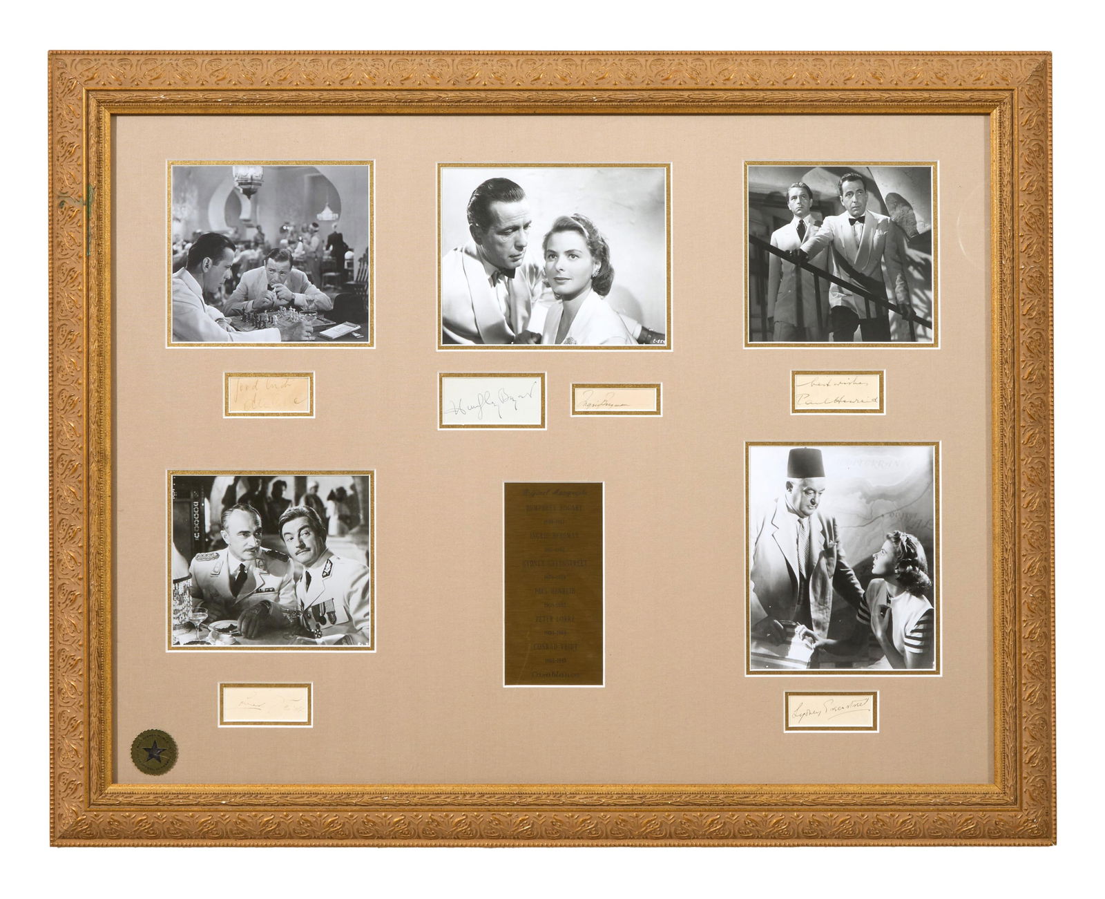 Casablanca Autographed Memorabilia, Overall- H.- 30 1/4 in., W.- 38 1/2 in.: Casablanca Autographed Memorabilia, with individual signatures by Humphrey Bogart, Ingrid Bergman, Sydney Greenstreet, Paul Henreid, Peter Lorre and Conrad Veidt, inset with reprinted film stills of t