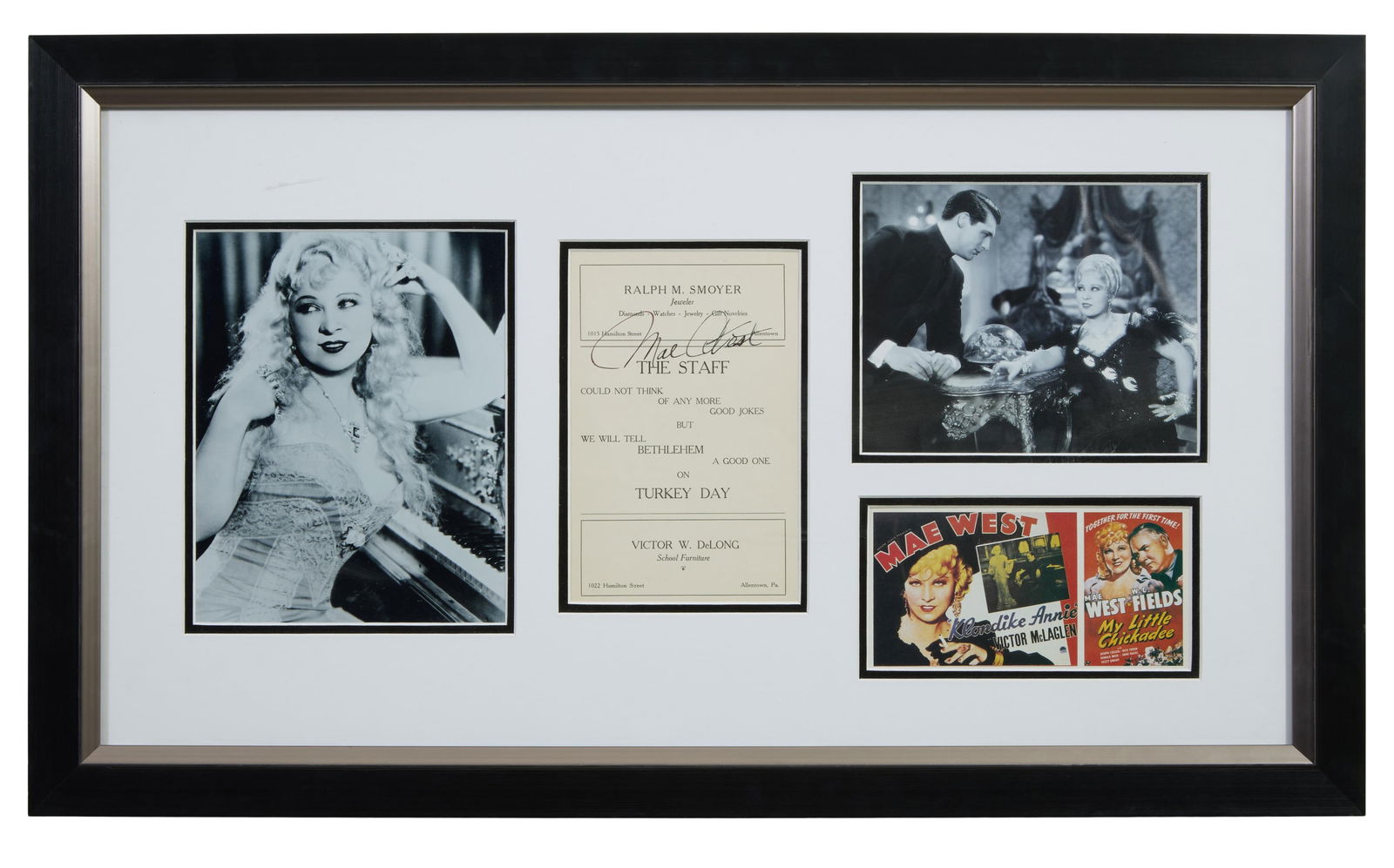 Mae West Autographed Memorabilia, Overall- H.- 19 in., W.- 32 1/2 in.: Mae West Autographed Memorabilia, facsimile of signed ad page together with copies of two iconic film stills of the actress and two movie posters, presented in a black and silver frame, Overall- H.- 1