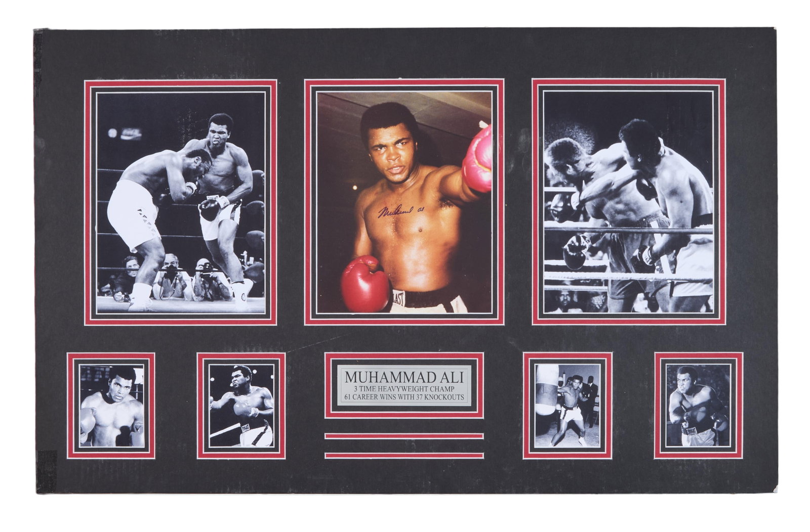 Muhammad Ali Autographed Memorabilia, Overall- H.- 20 in., W.- 32 in.: Muhammad Ali Autographed Memorabilia, with a reproduced color photo of Ali training in the 1970s with autopen signature, presented with a gilt hall of fame plaque and black and white copies of his fam