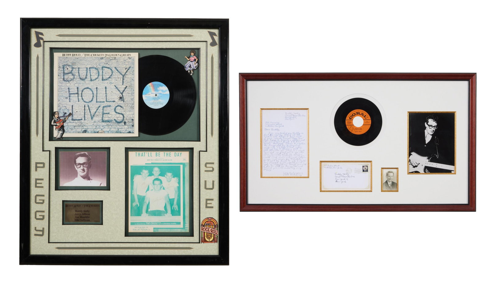 Buddy Holly Autographed Memorabilia, Larger Overall- H.- 36 in., W.- 20 1/2 in.; Smaller Overall-: Buddy Holly Autographed Memorabilia, two collector's items; the first consisting of "Buddy Holly/The Crickets" MCA Records LP of 20 Golden Greats with album cover, signed "That'll Be the Day" sheet mu