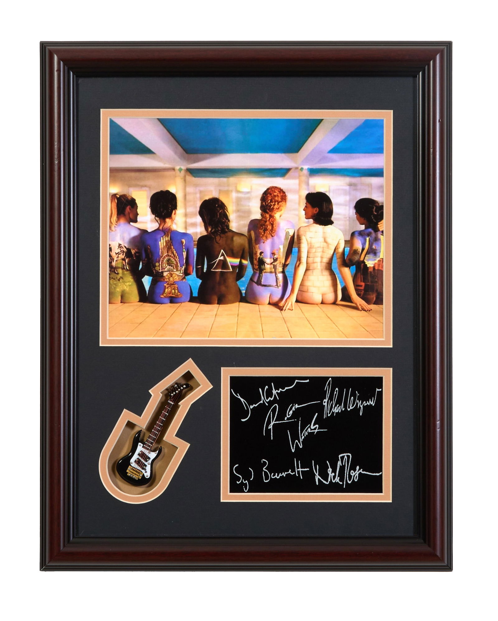 Pink Floyd 'Back' Catalogue Autographed Memorabilia, Overall- H.- 18 in., W.- 14 in.: Pink Floyd 'Back' Catalogue Autographed Memorabilia, with smaller copy of the 1997 'Back' Catalogue poster commissioned by EMI, presented with a toy electric guitar and autographed plate with autopen/