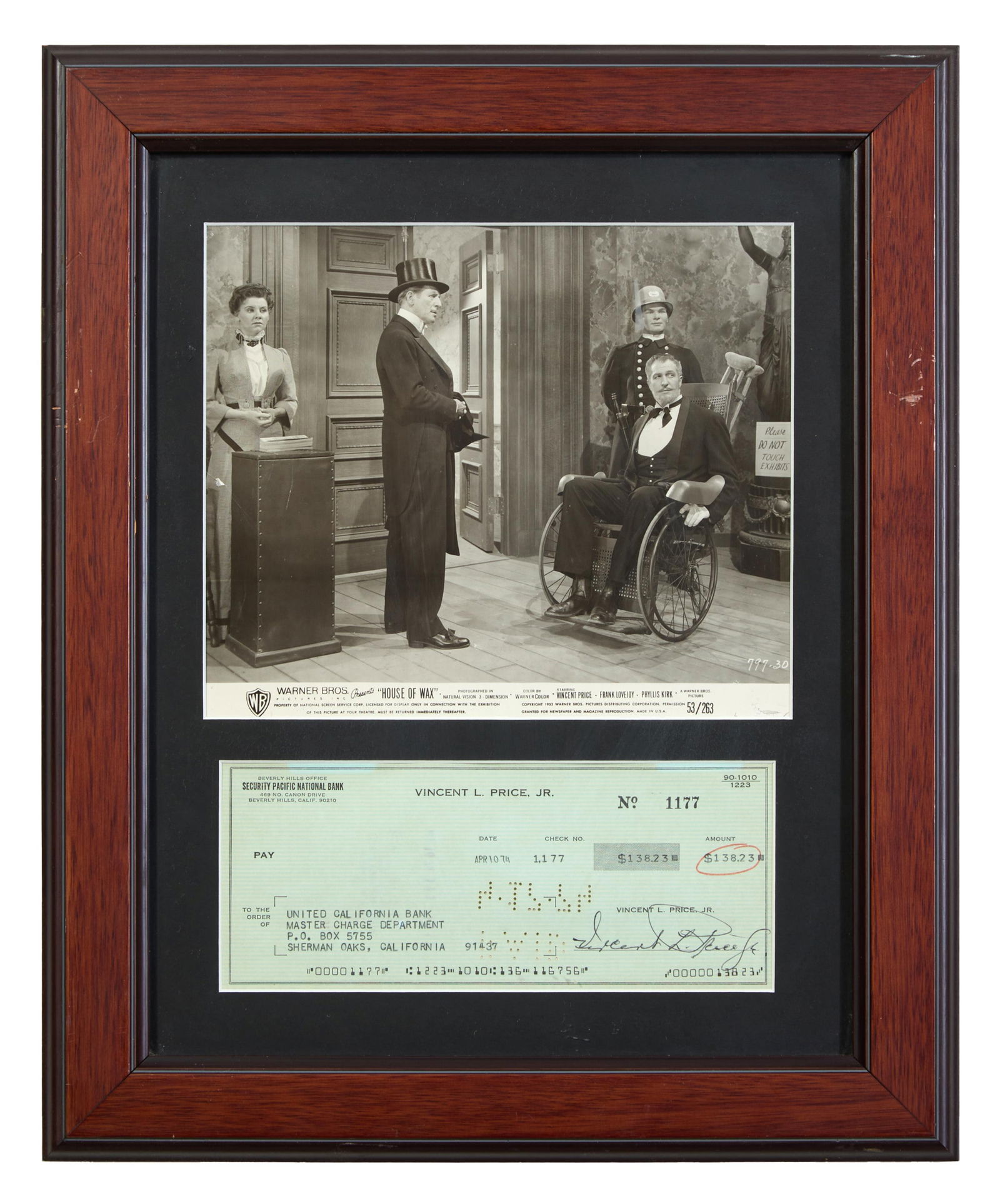 Vincent Price Autographed Memorabilia, Overall- H.- 17 in., W.- 14 in.: Vincent Price Autographed Memorabilia, with signed cancelled bank check dated Apr 10, 1974, together with a Warner Bros. promotional film still print of Price in the "House of Wax" (1953), numbered "5