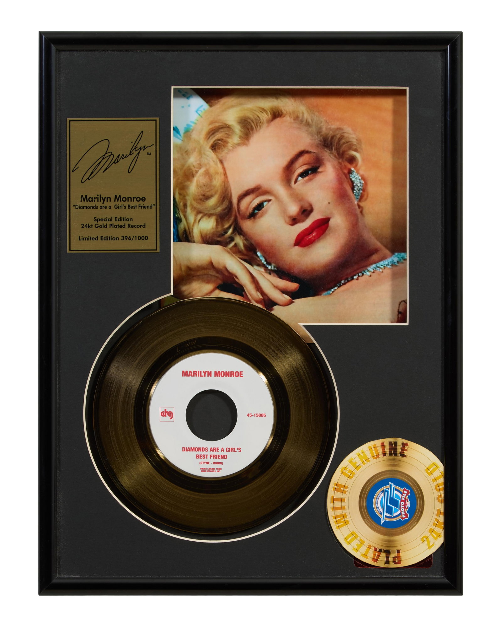 Marilyn Monroe "Diamonds Are a Girl's Best Friend" Memorabilia, Overall- H.- 15 1/2 in., W.- 12 1/4: Marilyn Monroe "Diamonds Are a Girl's Best Friend" Memorabilia, 24 karat gold plated 45 record, limited edition "396/1000", presented with a copy of the album cover and a gilded plaque, in a black met