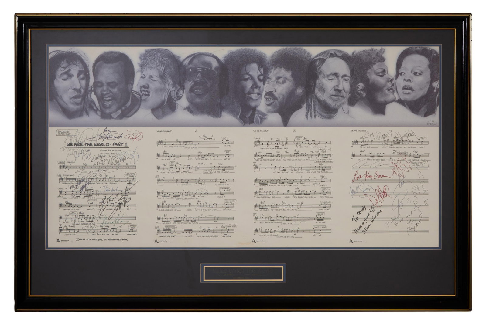 "We Are the World" Autographed Leadsheet, Overall- H.- 30 in., W.- 45 3/4 in.: "We Are the World" Autographed Leadsheet, facsimile, special Millenium edition "1/2000" with embossed seal, of the 1985 original signed music score with drawings by Elsie Simerman of the musicians in 