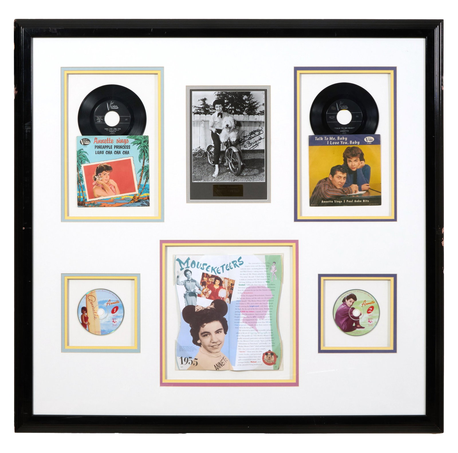 Autographed Memorabilia by Famed Mouseketeer and Musician Annette Funicello, Overall- H.- 41 in.,: Autographed Memorabilia by Famed Mouseketeer and Musician Annette Funicello, with a signed black and white photo of Funicello with her dog and a magazine copy page of her debut as Mouseketeer in 1955,