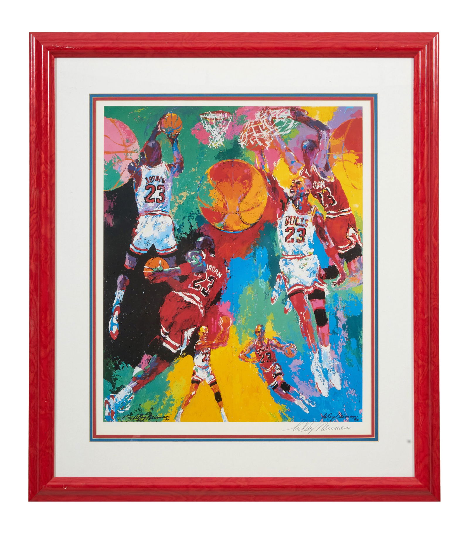 Leroy Neiman (American, 1921-2012), "Michael Jordan," 1990, Sight- H.- 25 1/2 in., W.- 21 in.,: Leroy Neiman (American, 1921-2012), "Michael Jordan," 1990, color serigraph on paper, signed and dated in print lower right and lower left, pen signed lower right margin, presented in a red acrylic fr