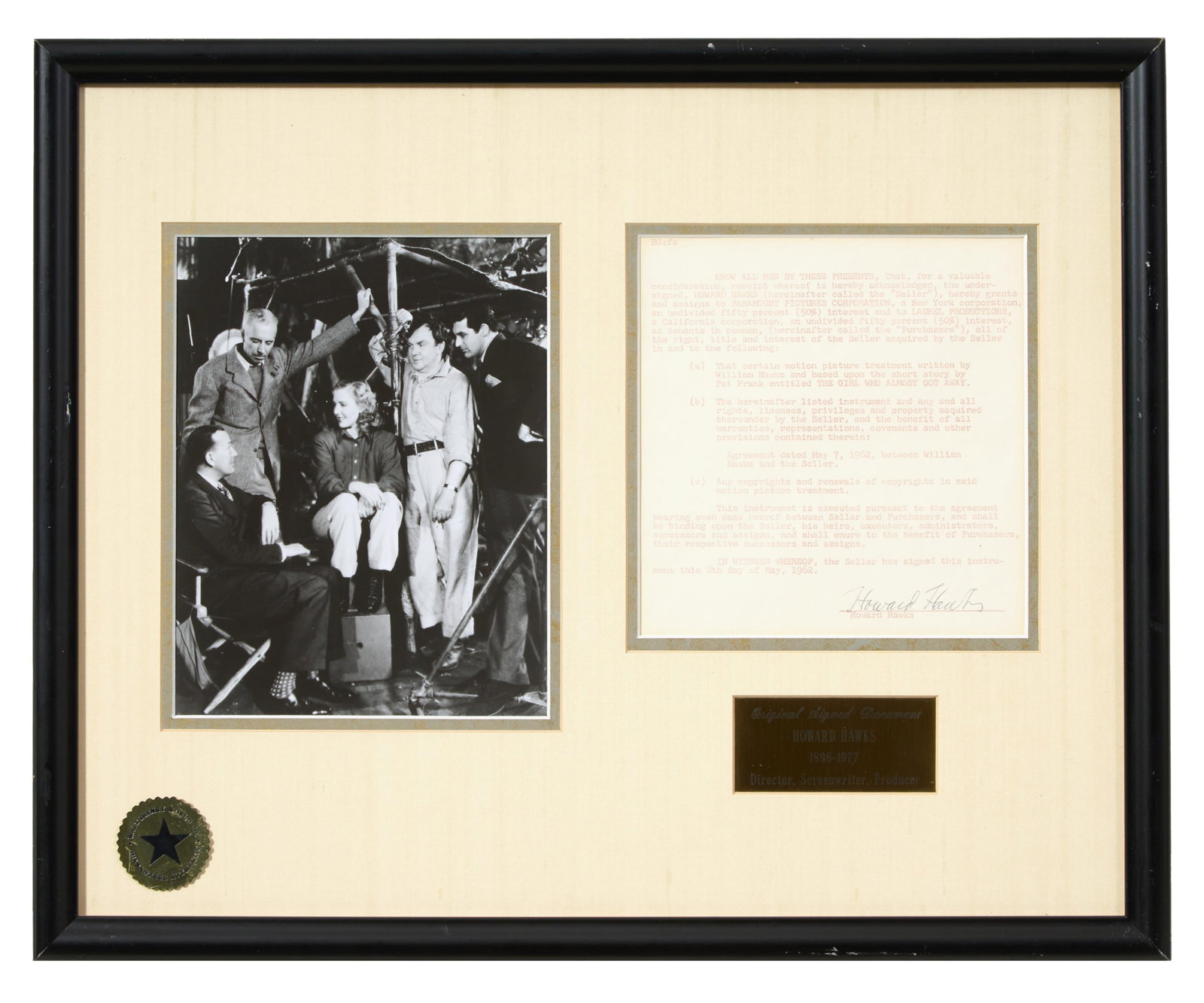Hollywood Director and Screenwriter Howard Hawks Autographed Memorabilia, Overall- H.- 17 3/8 in.,: Hollywood Director and Screenwriter Howard Hawks Autographed Memorabilia, consisting of a signed legal document, dated May 7, 1962, in which Hawks sells "The Girl Who Almost Got Away" short story (lat