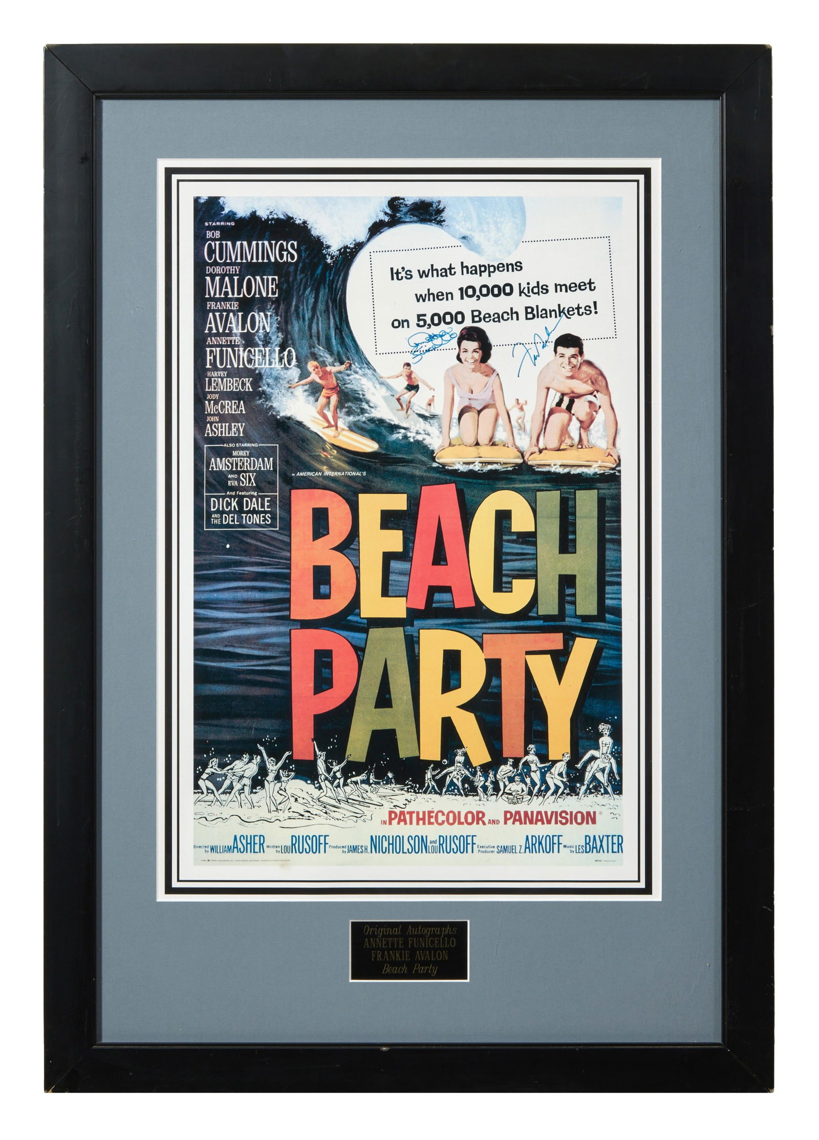 Annette Funicello and Frankie Avalon Autographed Memorabilia from "Beach Party" (1963), Overall- H.-: Annette Funicello and Frankie Avalon Autographed Memorabilia from "Beach Party" (1963), copy of the movie poster, signed by Funicello and Avalon, presented with plaque in a black frame with plexiglass