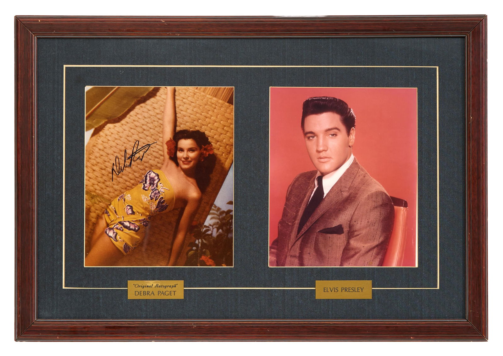 Debra Paget Autographed Memorabilia with Elvis Presley, Overall- H.- 17 1/4 in., W.- 25 in.: Debra Paget Autographed Memorabilia with Elvis Presley, with signed color photo of Paget from "Bird of Paradise" (1951), and a color photo of Elvis, who Paget later co-starred with in "Love Me Tender"