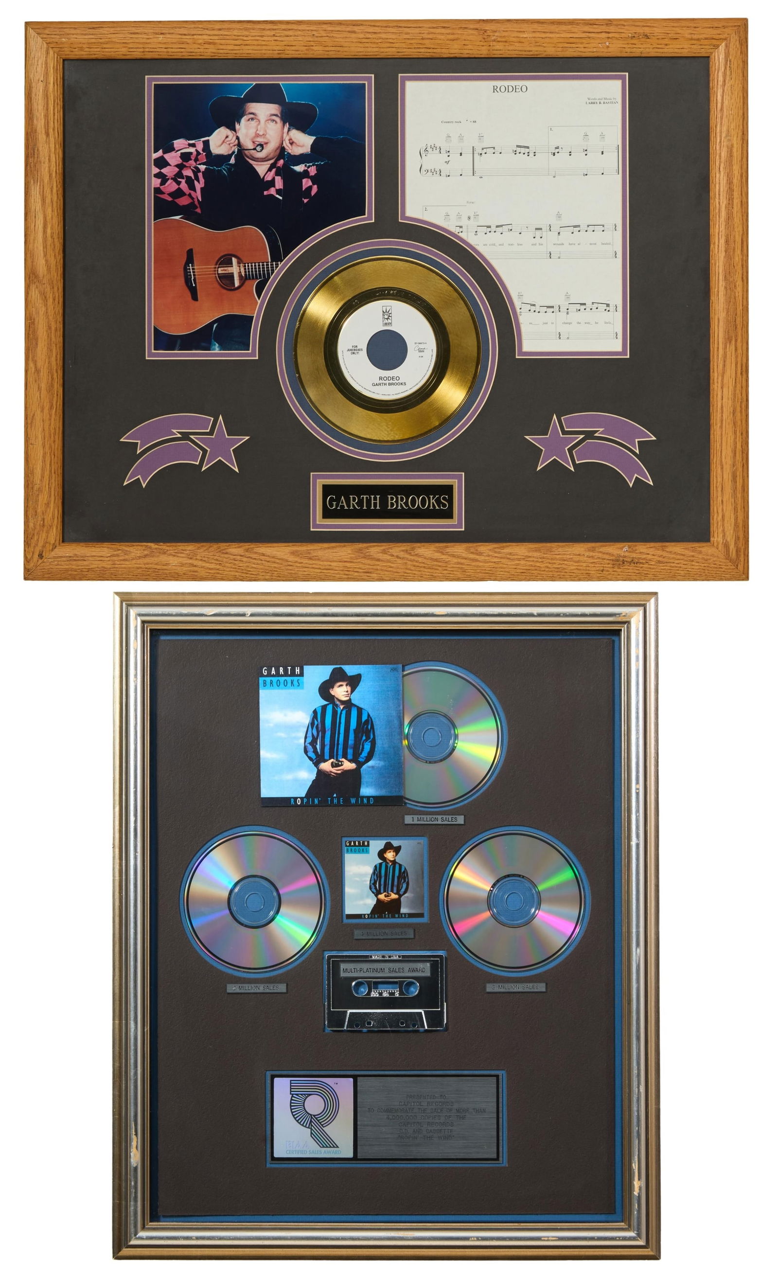 Garth Brooks "Rodeo" and "Ropin' the Wind" Album Memorabilia, First Overall- H.- 20 1/2 in., W.- 26: Garth Brooks "Rodeo" and "Ropin' the Wind" Album Memorabilia, the first with 24 karat gold plated 45 record, "Rodeo" sheet music copy, and a color photo of the artist; the second with three "Ropin the