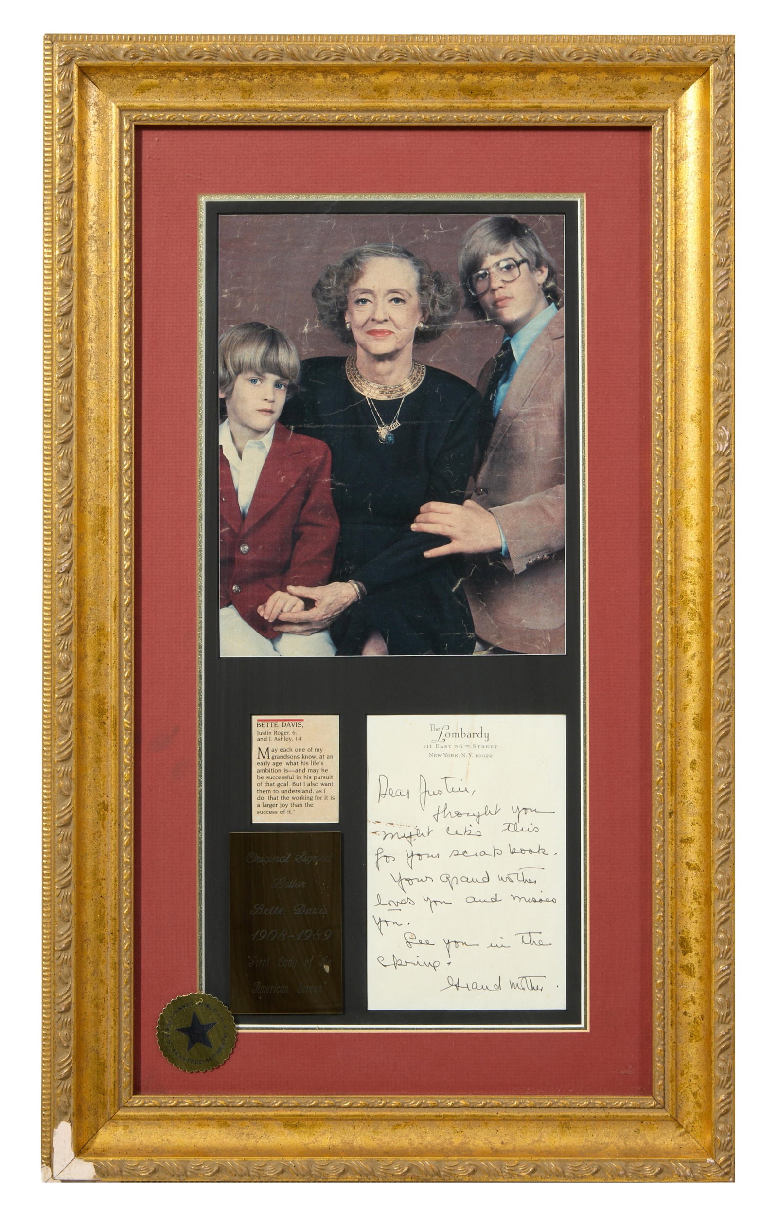 Bette Davis Autographed Letter Memorabilia, Framed- H.- 25 1/2 in., W.- 15 1/2 in.: Bette Davis Autographed Letter Memorabilia, original signed letter to her grandson, with accompanying photograph of Davis and her two grandsons, and gold-toned metal plaque lower left inscribed “Bet