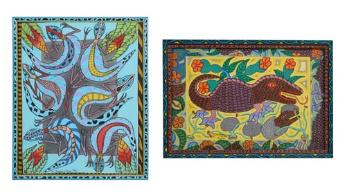 Two Aboriginal Folk Art Paintings, First overall H.- 33 in., W.- 27 1/2 in.; Second overall H.- 34