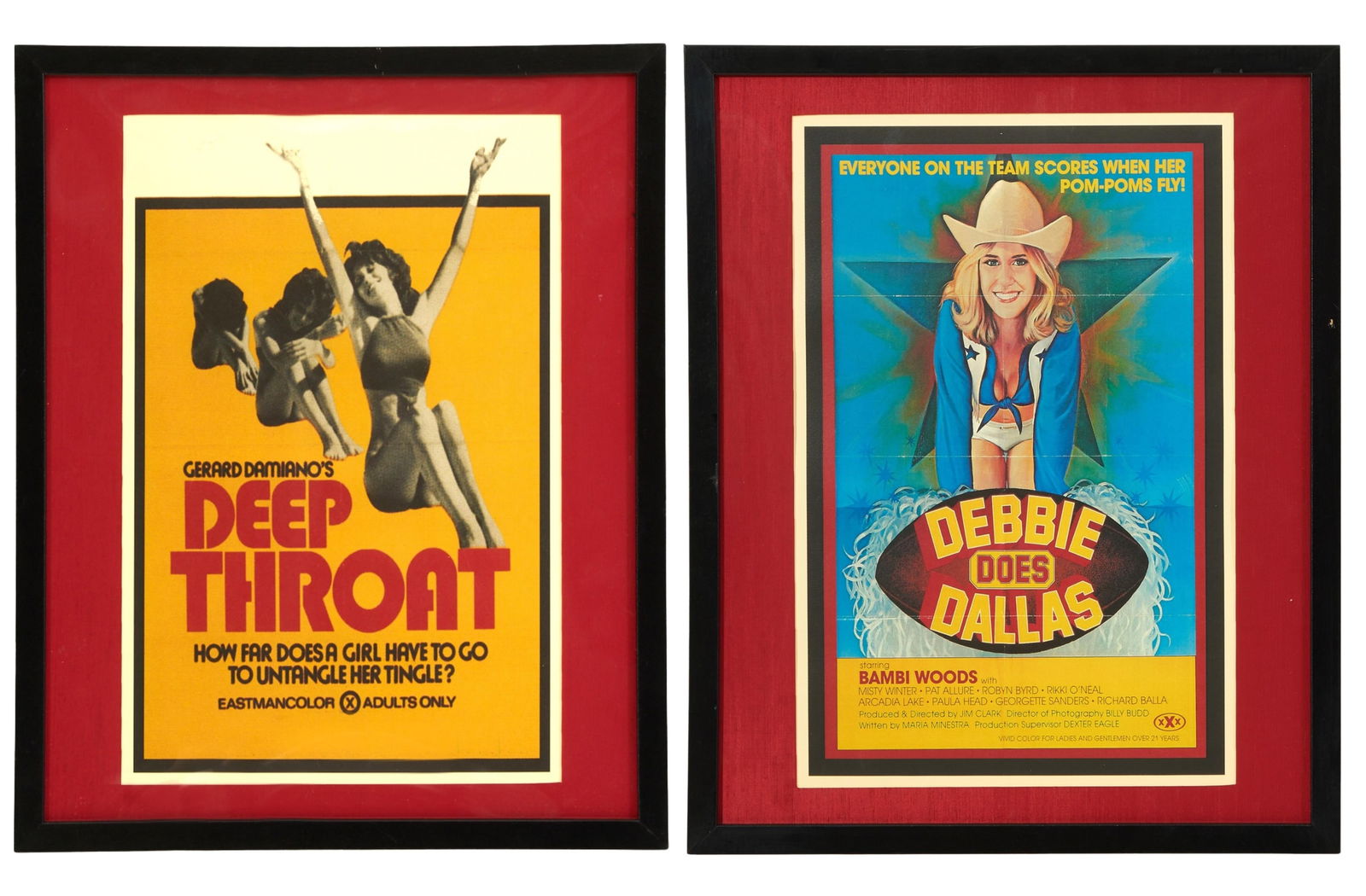 Memorabilia After Two Iconic Adult Art Films from the 1970s, Each Sight- H.- 17 1/2 in., W.- 11 1/2: Memorabilia After Two Iconic Adult Art Films from the 1970s, consisting of "Debbie Does Dallas" and "Deep Throat", each a smaller color lithograph "collectible" after the original movie poster, each p