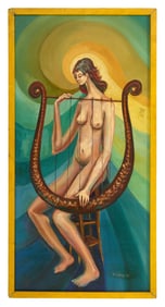 Elias Lifschitz (Mexican, 1942-2024), "Nude with Harp," 1975, H.- 40 in., W.- 20 in., Framed- H.- 41