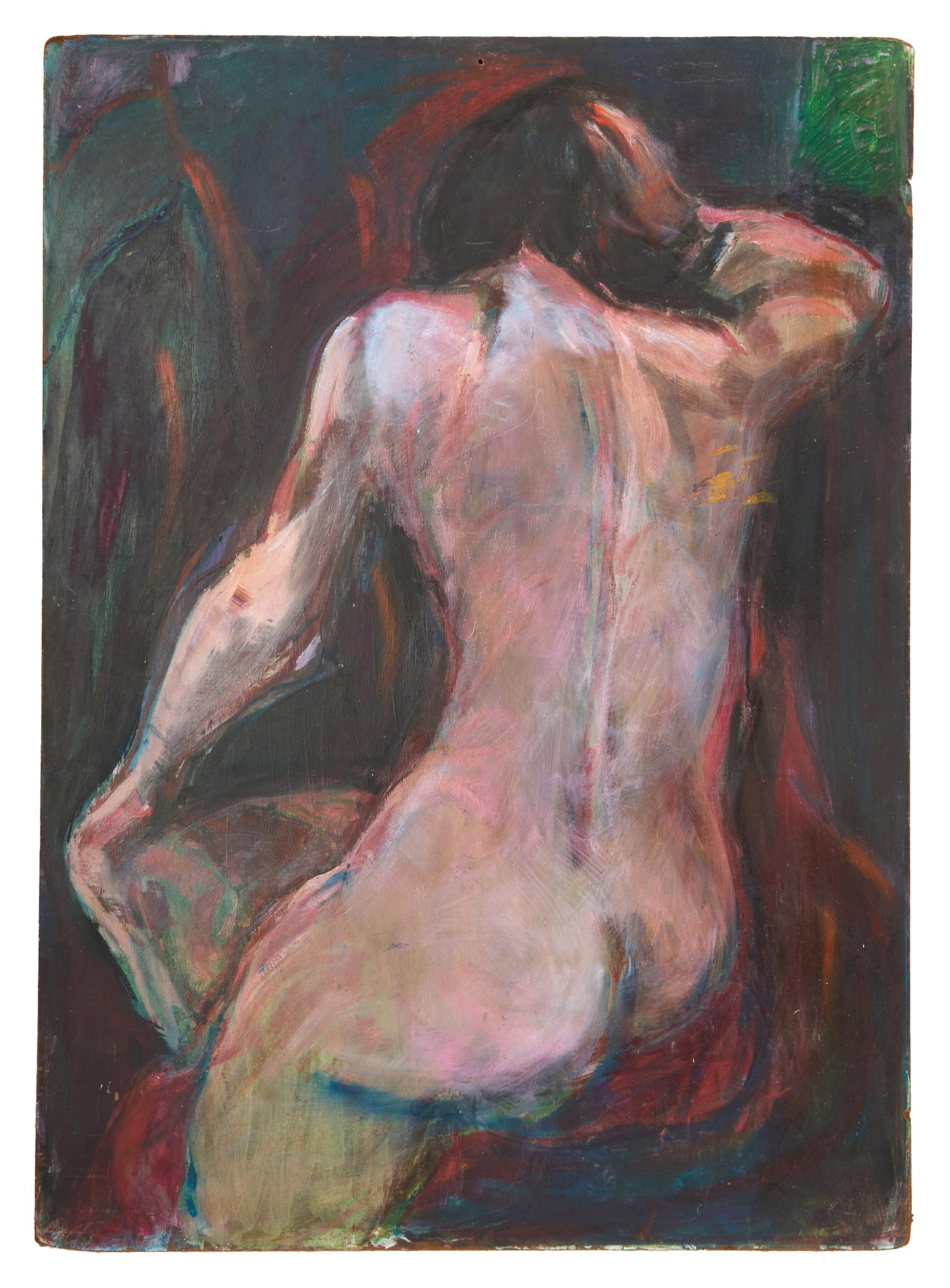 Continental School (20th Century), "Seated Female Nude From Behind," H.- 47 3/4 in., W.- 34 1/2 in.: Continental School (20th Century), "Seated Female Nude From Behind," oil on masonite board, unsigned, unframed, H.- 47 3/4 in., W.- 34 1/2 in.