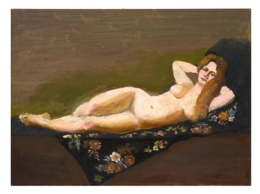 American School (20th Century), "Reclining Female Nude on Black Floral Bedding," H.- 21 in., W.- 29