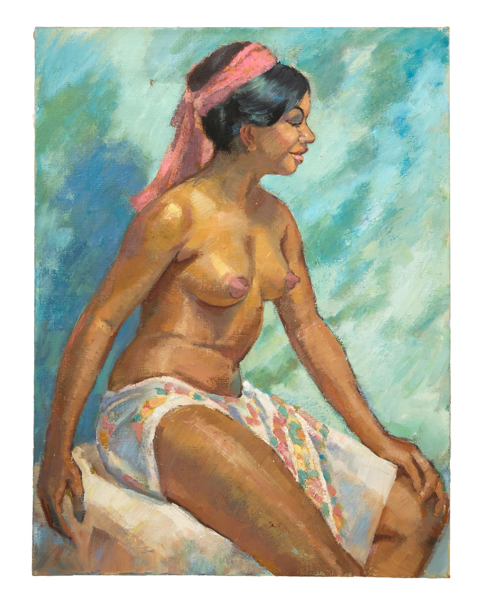 Circle of Ralph Burke Tyree (American/Hawaii, 1921-1979), "Seated Polynesian Female Nude," H.- 40: Circle of Ralph Burke Tyree (American/Hawaii, 1921-1979), "Seated Polynesian Female Nude," oil on canvas, unsigned, unframed, H.- 40 in., W.- 30 in.