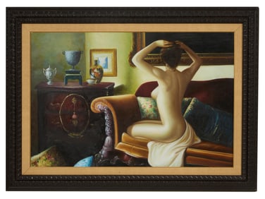 American School (20th Century), "Interior Scene Female Nude Seated on a Divan," H.- 24 in., W.- 36