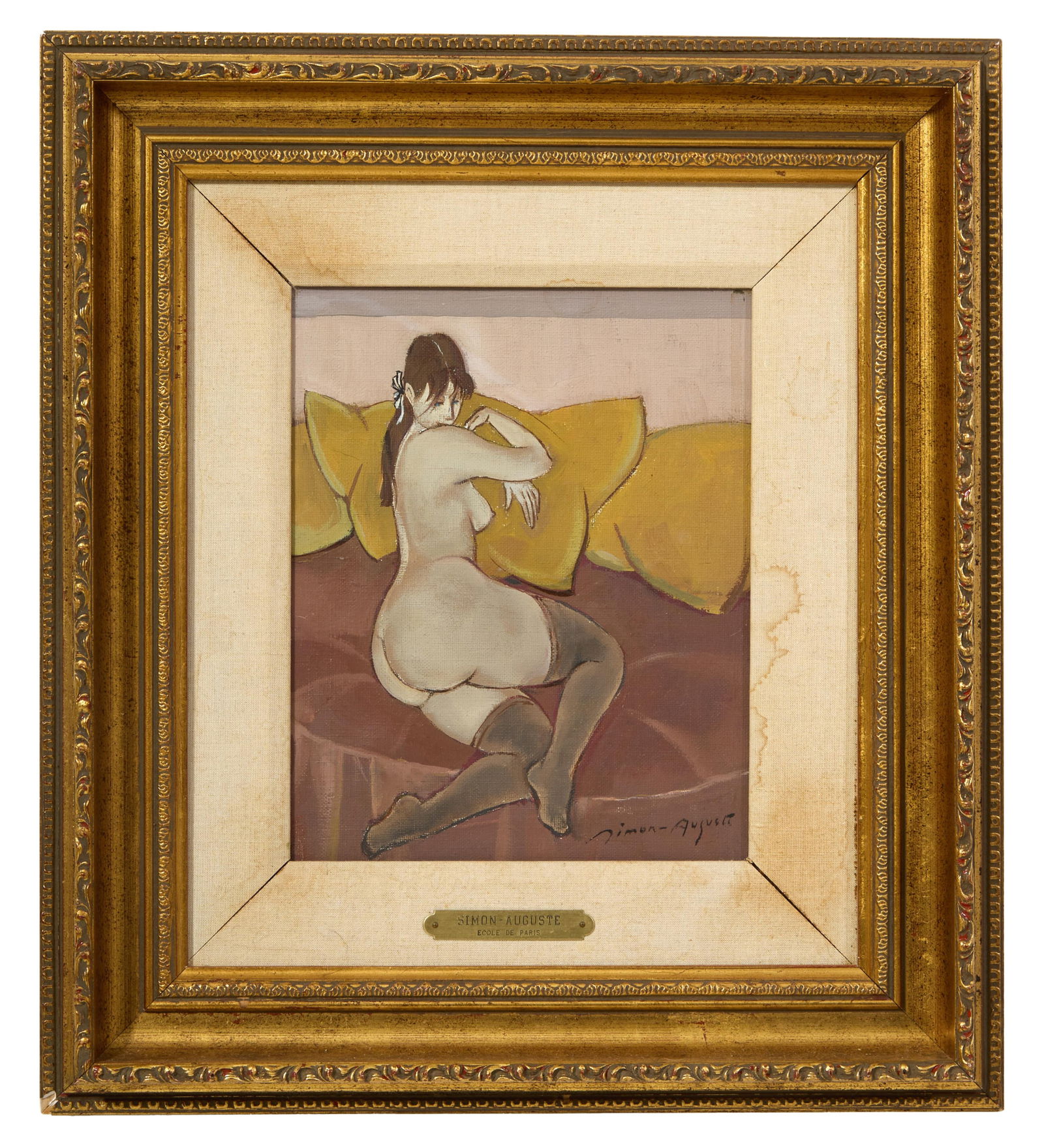 Simon Joseph Simon-Auguste (French, 1909-1987), "Nu Aux Coussins Jaune (Nude with Yellow Cushions),": Simon Joseph Simon-Auguste (French, 1909-1987), "Nu Aux Coussins Jaune (Nude with Yellow Cushions)," 20th c., oil on canvas, signed lower right, with an artist plaque on bottom, signed and titled en v