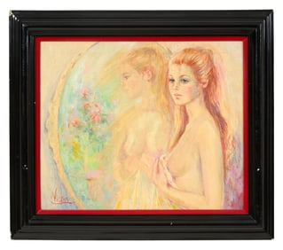 Mary Vickers (British, b. 1940) "Female Nude in a Mirror," H.- 20 in., W.- 24 in., Framed- H.- 27