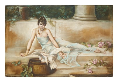 British/Continental School (Early 20th Century), "Partially Nude Muse with Roses and Birds on Temple