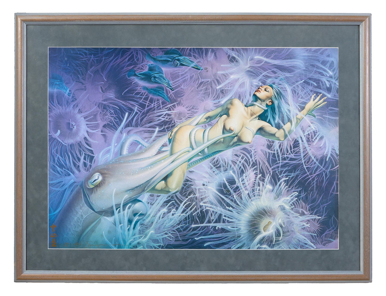 Hajime Sorayama (Japanese, b. 1947), "Nude Woman with Squid," Sight- H.- 26 1/4 in, W.-36 1/4 in.,: Hajime Sorayama (Japanese, b. 1947), "Nude Woman with Squid," lithograph, signed and numbered lower left, presented in a silvered frame, Sight- H.- 26 1/4 in, W.-36 1/4 in., Framed- H.- 35 1/4 in., W.