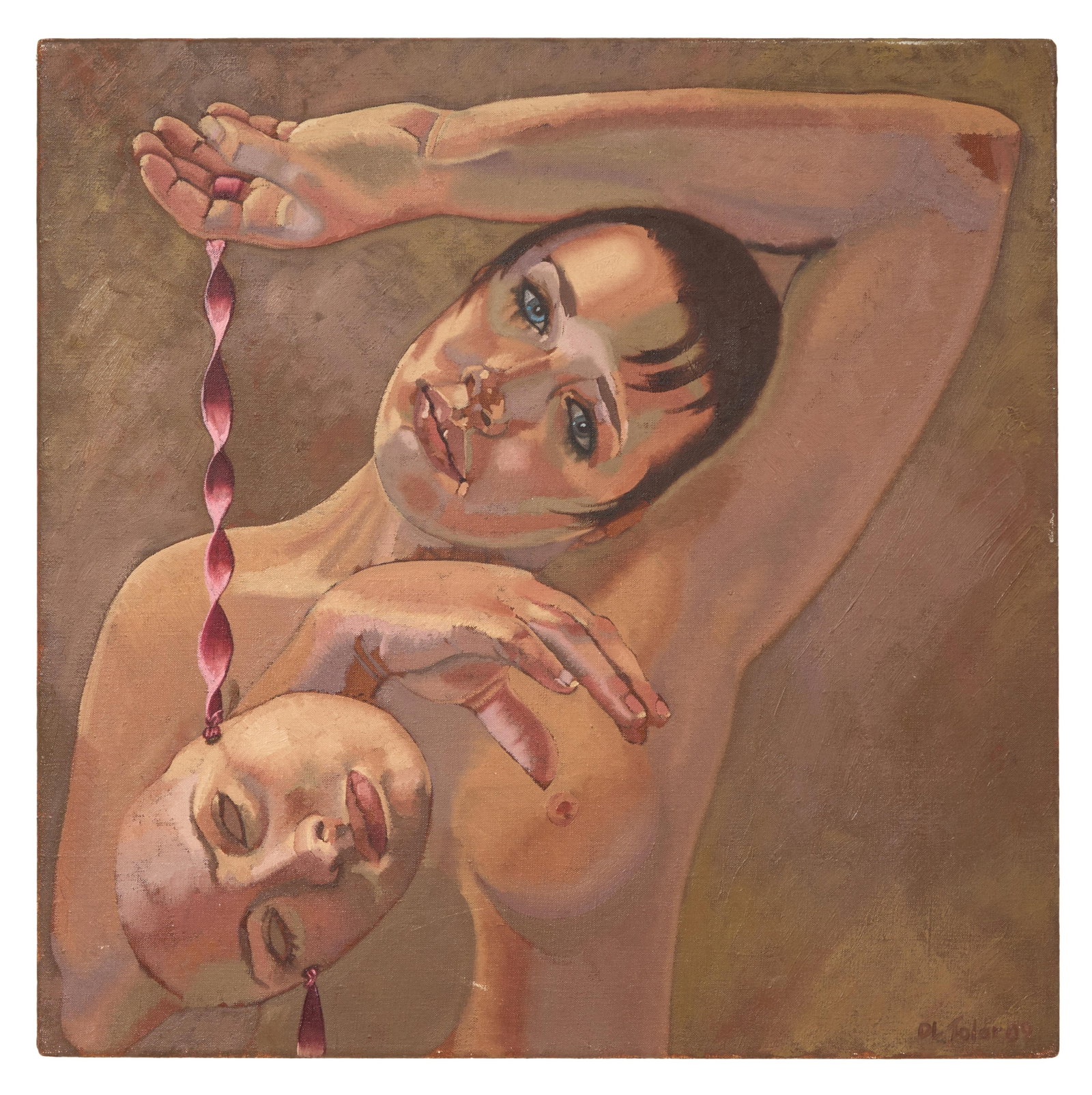 Donna L. Tolar [Schultz] (American, b. 1966), "Female Nude with Mask," 2009, H.- 27 in., W.- 22 in.: Donna L. Tolar [Schultz] (American, b. 1966), "Female Nude with Mask," 2009, oil on canvas, signed "DL Tolar" and dated lower right, unframed, H.- 27 in., W.- 22 in.