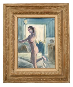 Emmett John Fritz (American/Florida, 1917-1995), "Interior with Female Nude Kneeling on a Bed," H.-