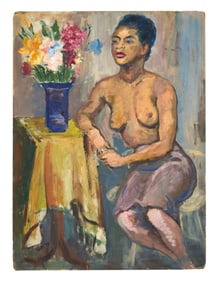Suki Berg (American, 1918-2010), "Female Nude Seated with Flowers," 1948, H.- 24 in., W.- 18 in.