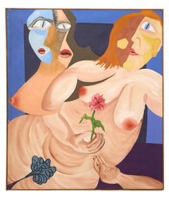 Attributed to Charles Seidman (American/New York, b. 1942), "Cubist Nude Women with Flowers," H.- 41