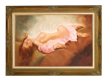 American School (20th Century), "Recumbent Female Nude in Pink Satin," H.- 24 in., W.- 36 in.,