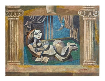 Antoin Marie (American/Continental, 20th Century), "Cubist Female Nude Reading by Moonlight," H.-30