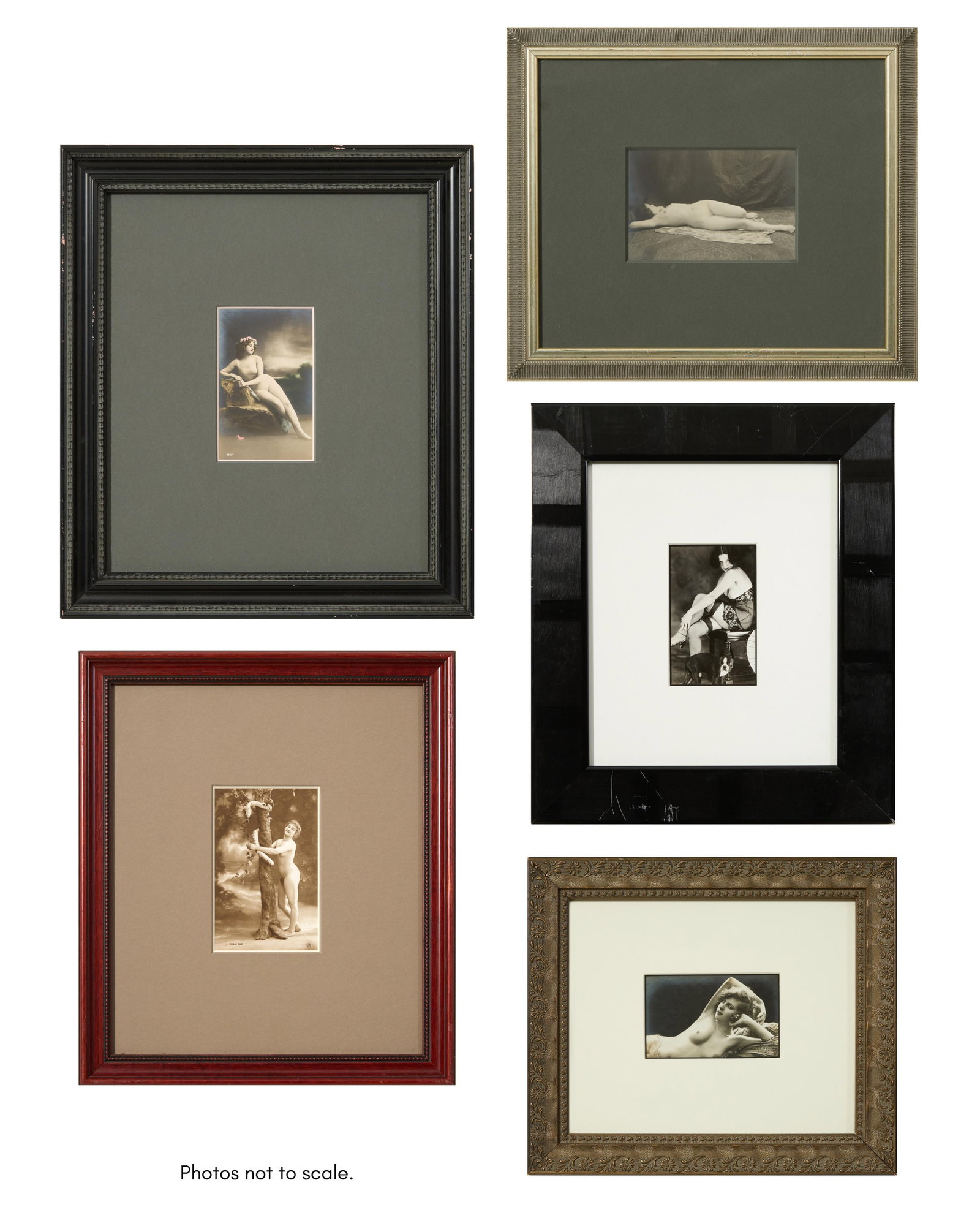 Group of Five Erotic Postcards of Women, France, c. 1910-1920, Eve- H.- 5 in., W.- 3 1/4 in.,: Group of Five Erotic Postcards of Women, France, c. 1910-1920, including Jean Agelou (French, 1878-1921), "Eve," stamped JA in circle lower right and numbered "serie 569," Jean "Leo" Reutlinger (Frenc