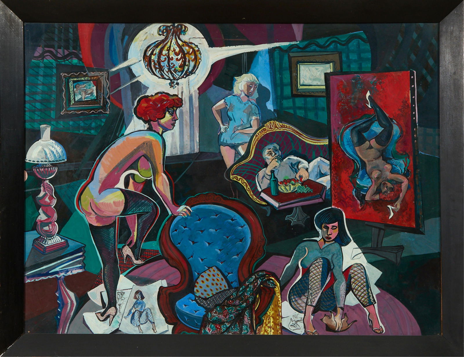 American School (20th Century), "Interior Boudoir Scene," Sight- H.- 29 1/2 in., W.- 40 in., Framed-: American School (20th Century), "Interior Boudoir Scene," acrylic on paper/cardboard, unsigned, presented in a black wood frame, Sight- H.- 29 1/2 in., W.- 40 in., Framed- H.- 44 in., W.- 33 3/4 in.