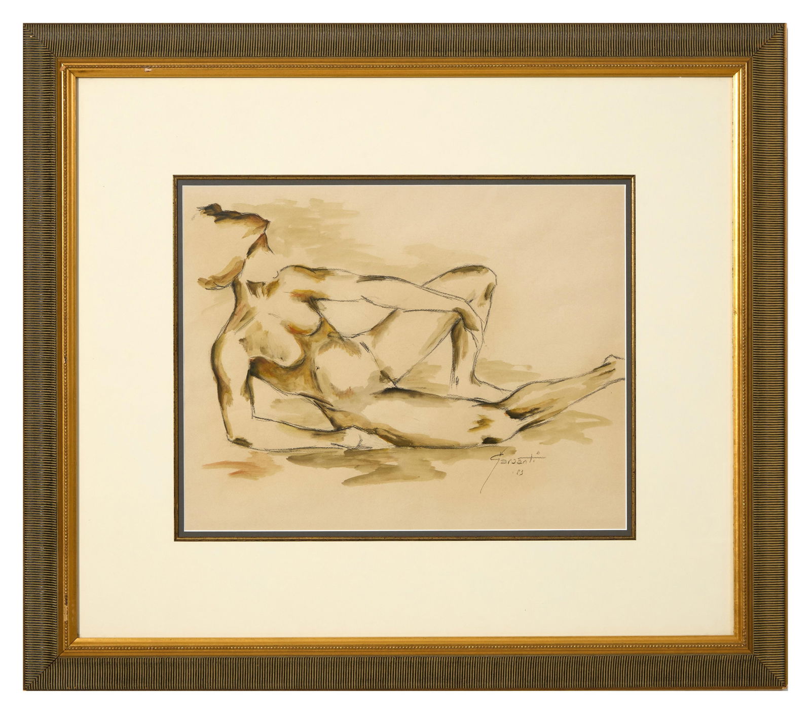 Continental School (20th Century), "Reclining Female Nude," 1983, Sight- H.- 15 in., W.- 19 1/2 in.,: Continental School (20th Century), "Reclining Female Nude," 1983, watercolor and charcoal on paper, signed "Garanti" and dated lower right, presented in a giltwood frame with a gilt liner, Sight- H.-