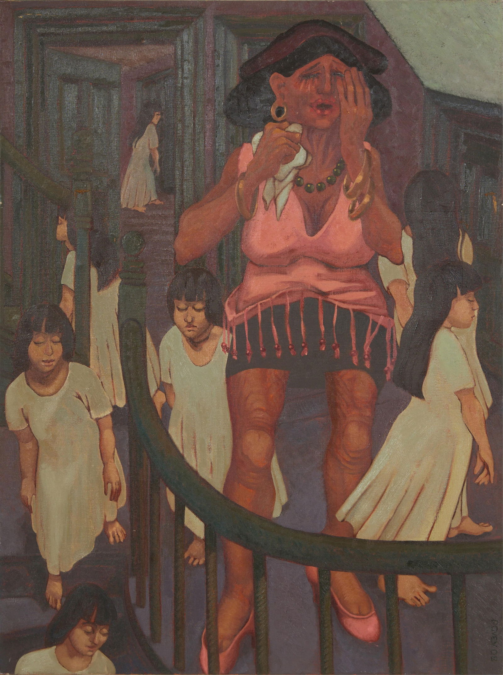 Edward Povey (British, b. 1951), "Girls, Girls, Girls," 2008, H.- 40 in., W.- 30 in.: Edward Povey (British, b. 1951), "Girls, Girls, Girls," 2008, oil on linen, signed and dated lower right side, titled on label en verso, unframed, H.- 40 in., W.- 30 in.