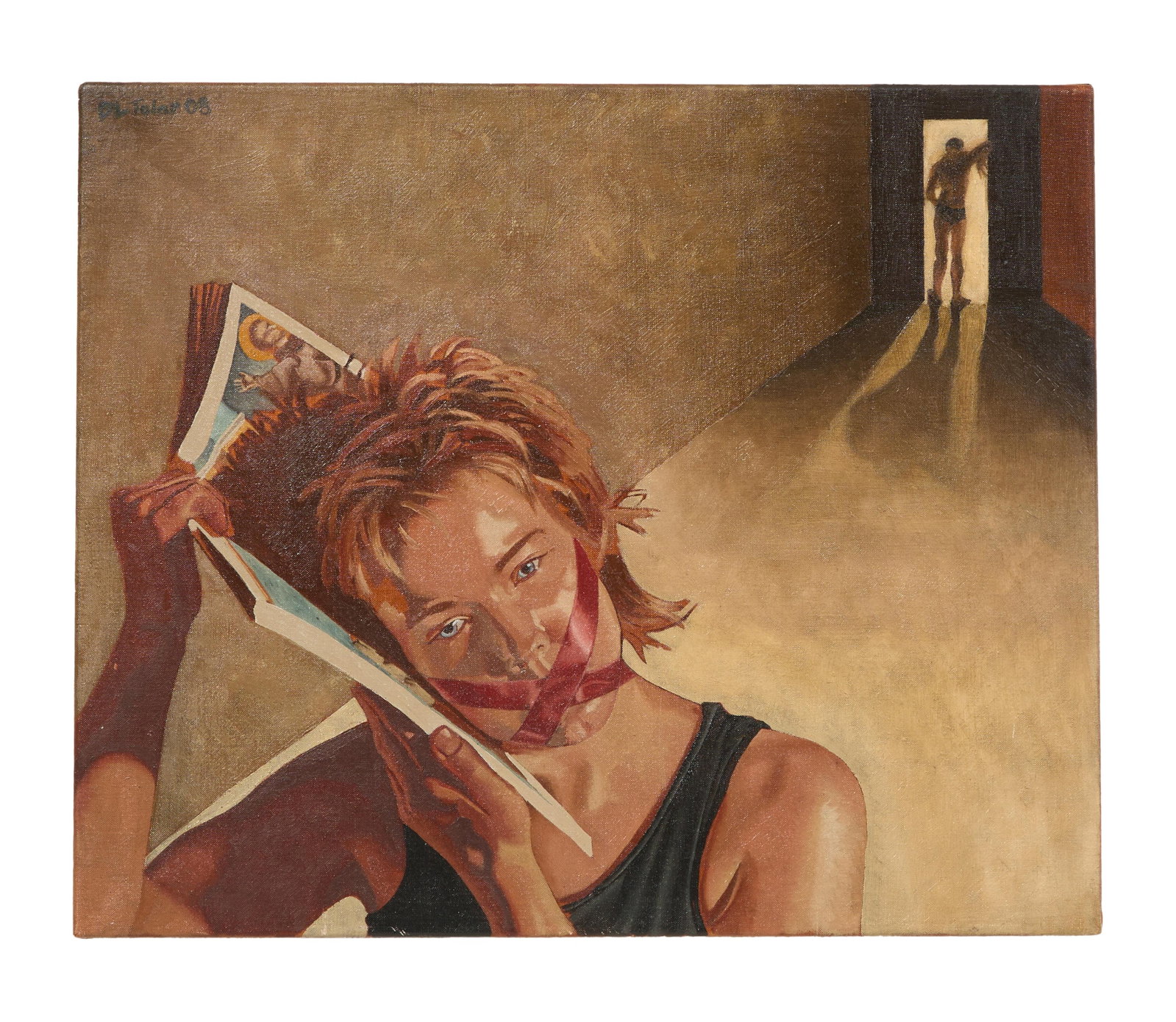 Donna L. Tolar [Schultz] (American, b. 1966), "Interior with Silenced Female with a Book," 2008, H.-: Donna L. Tolar [Schultz] (American, b. 1966), "Interior with Silenced Female with a Book," 2008, oil on canvas, signed "DL Tolar" and dated upper left, unframed, H.- 20 in., W.- 24 in.