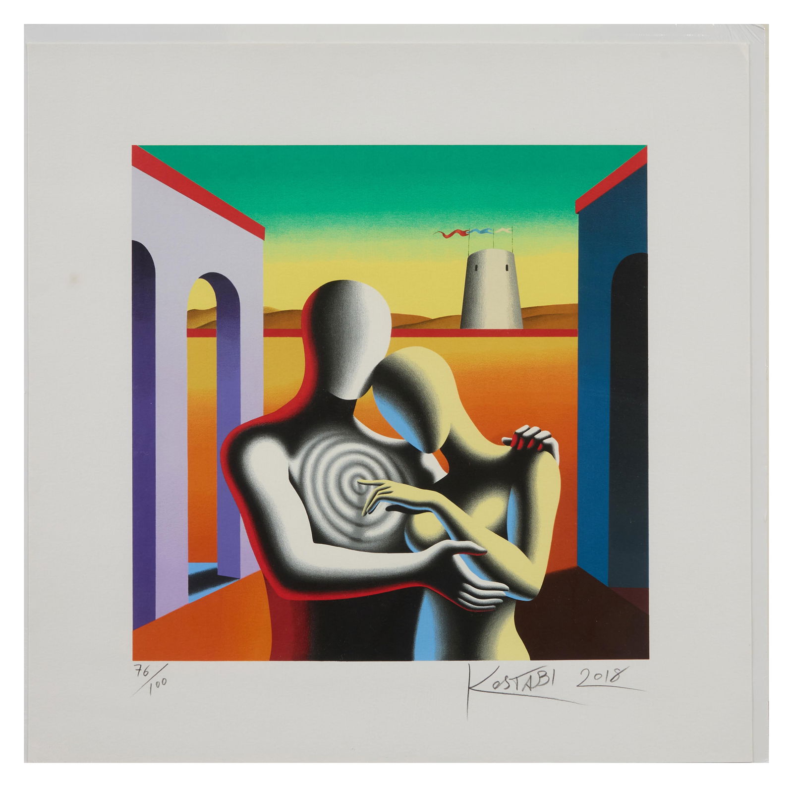 Mark Kostabi (American, b. 1960), "The Soul within the Soul," 2018, H.- 27 1/2 in., W.- 27 1/2 in.: Mark Kostabi (American, b. 1960), "The Soul within the Soul," 2018, serigraph on paper, pencil signed lower right and numbered "76/100" lower left, unframed, H.- 27 1/2 in., W.- 27 1/2 in.