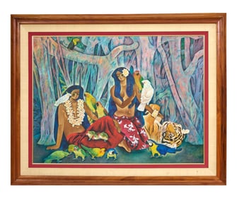 Zhou Ling (Chinese, b. 1941), "Tahitian Nudes with Parrots and Tiger," H.- 36 in., W.- 48 in.,