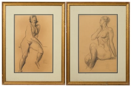 American School (Mid-20th Century), "Two Female Nudes Studies," Each Sight H.- 17 1/2 in., W.- 11
