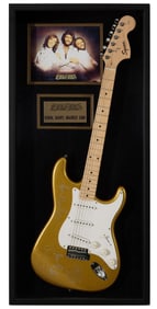 BeeGees Autographed Squire Guitar, Overall H.- 19 1/4 in., W.- 41 1/4 in., D.- 3 in.