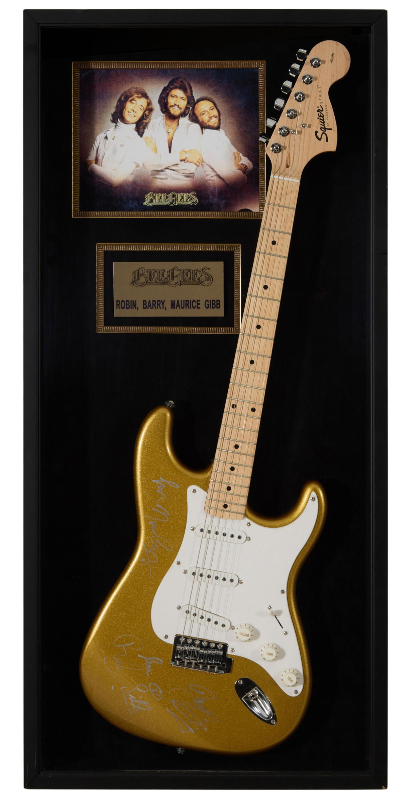 BeeGees Autographed Squire Guitar, Overall H.- 19 1/4 in., W.- 41 1/4 in., D.- 3 in.