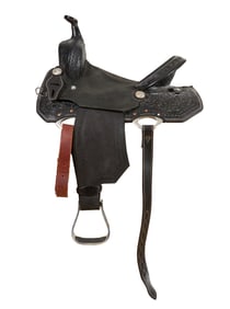 Black Leather Western Style Saddle, Ace Saddlery, Australia, 20th c., H.- 39 in., W.- 22 in., D.- 26
