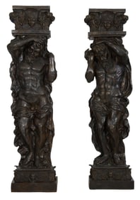 Pair of Massive Architectural Bronze Atlas Pilasters, 20th c., Each- H.- 96 in., W.- 24 in., D.- 14