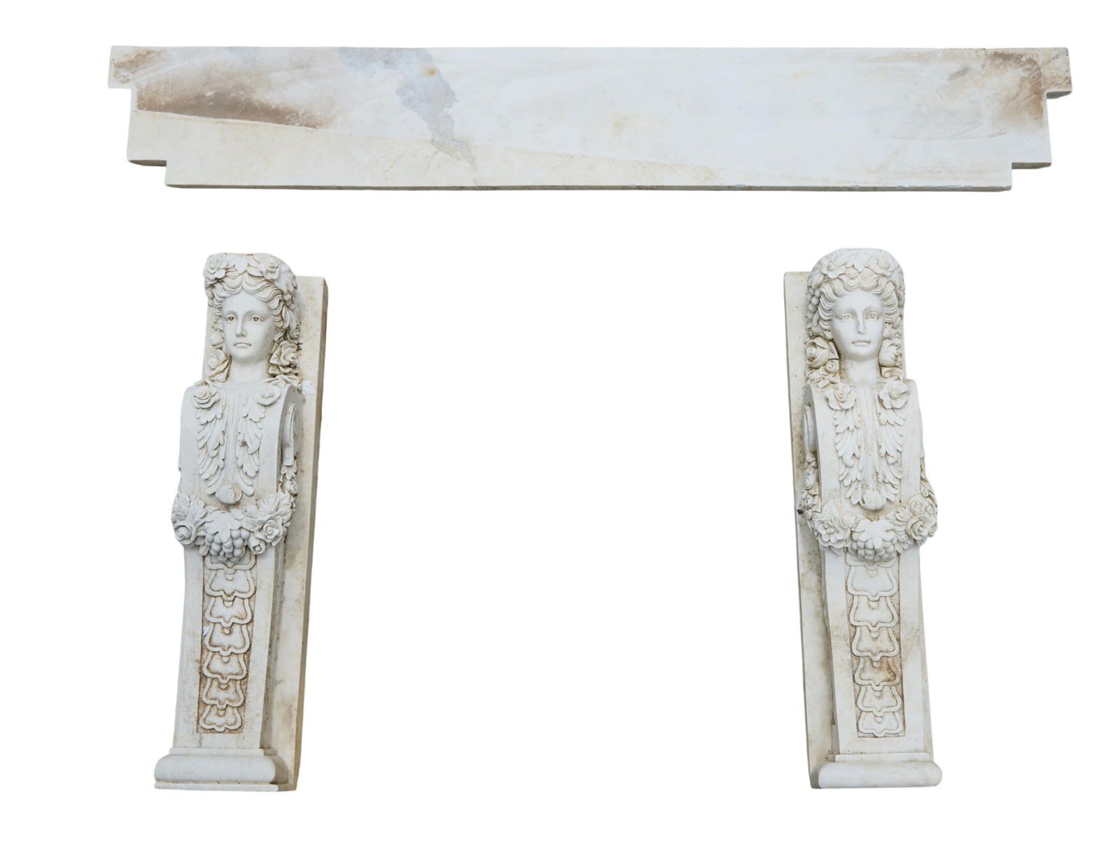 French White Marble Mantel, late 19th c., H.- 40 in., Ext. W.- 75 in., Int. W.- 41 in., D.- 12 in. (1 of 3)