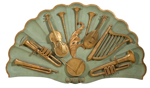 Large Relief Carved Polychromed and Gilt Wood Musical Shell Plaque, 20th c., H.- 39 in., W.- 62 in.,