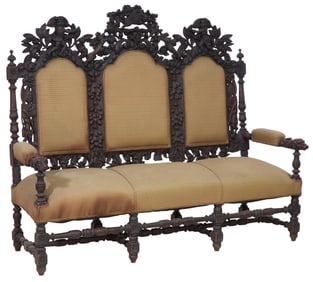 Continental Black Forest Carved Walnut Sofa, late 19th c., H.- 59 in., W.- 72 in., D.- 27 in.